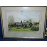 A framed and mounted Watercolour depicting an artist sat painting an old water mill,