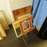 An unframed oil on board " The last blues" a parquetry picture and three engravings