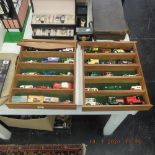 Two model display shelves with assorted Matchbox die casts, Model of Yesterday and 75 Series,