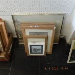 An assortment framed prints, photos,