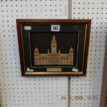 A framed wood architectural picture Glasgow city hall