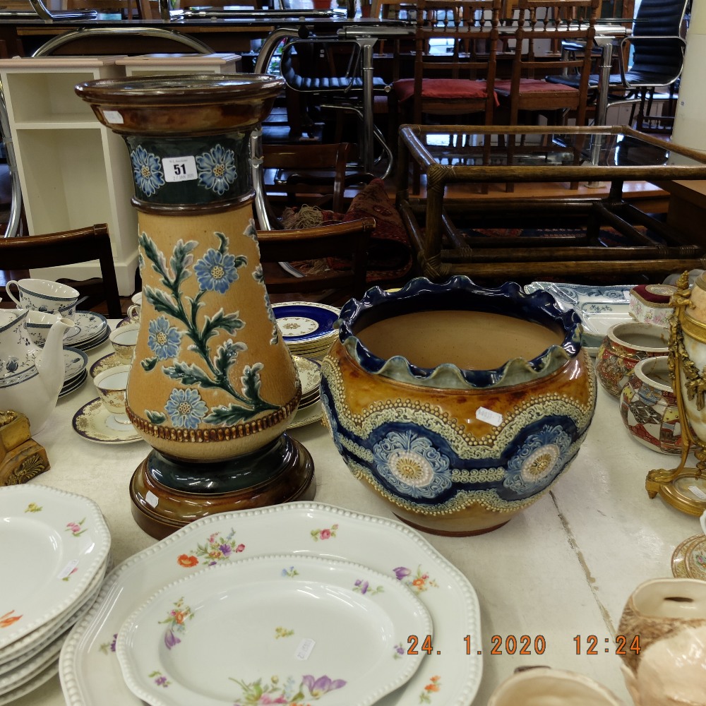 A Doulton Lambeth Jardiniere and stand (slight damage to slip ware applied decoration) - Image 3 of 4