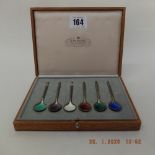 A set of six Anton Michelson Danish gilt silver and guilloche enamel demitasse coffee spoons