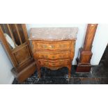 An inlaid marble topped serpentine fronted kingswood and rosewood marquetry inlaid chest of three