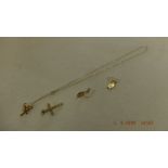 A 9ct gold chain and four 9ct gold pendants and earrings