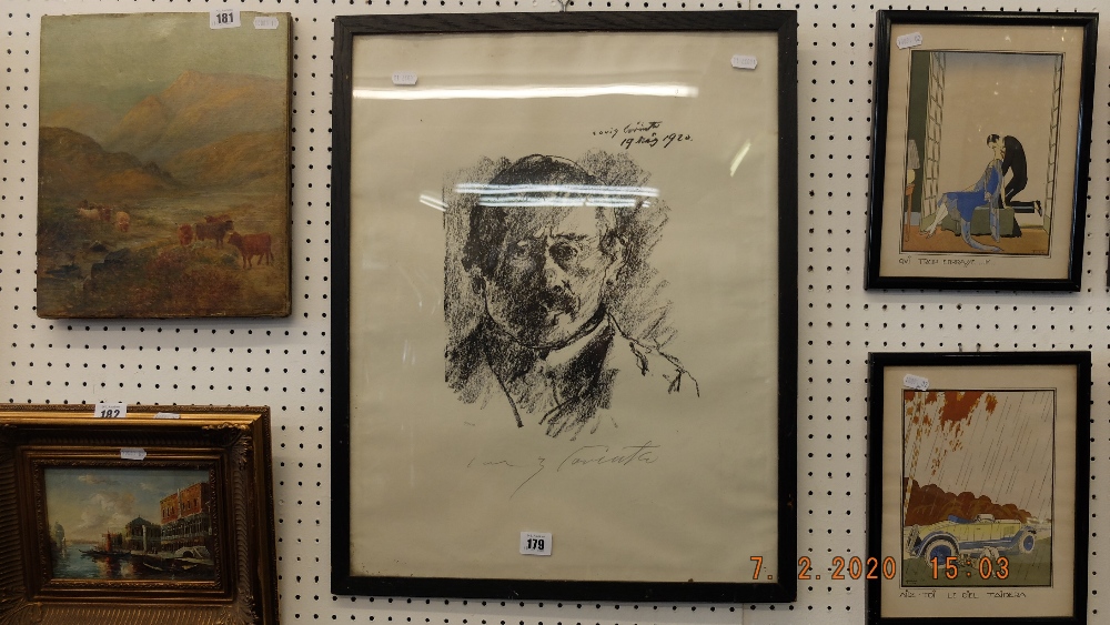 A framed early 20th century etching self portrait of artist Lovis Corinth,