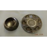 An Indo Persian white metal bowl and dish (tests as lower grade silver)