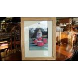 A framed pastel still life of pots and pans