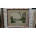 A framed watercolour lake scene and a framed pastel,