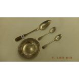 A hm silver dish and two hm silver Victorian spooks, inc. one large German silver spoon, approx.