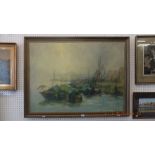 A large framed oil on canvas of Chinese junks in harbour,