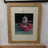 A framed pastel still life of pots and pans