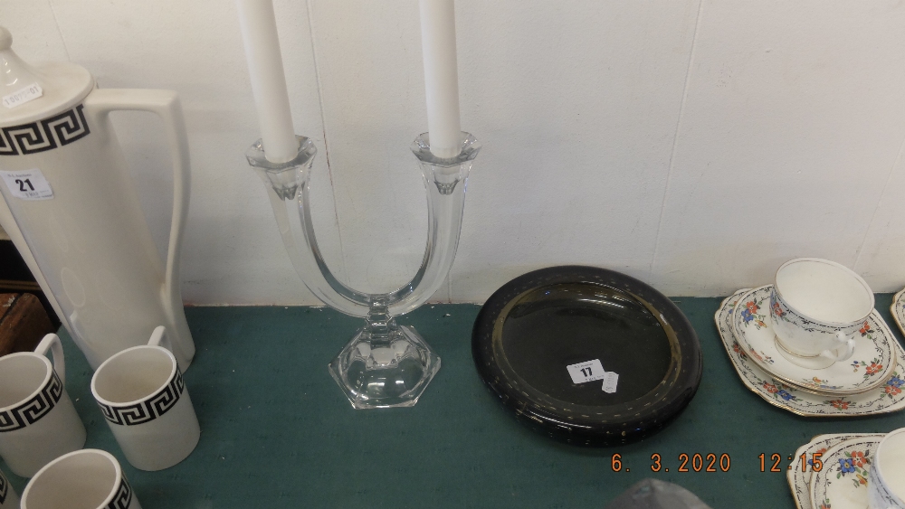 A crystal and glass candle holder and a Whitefriars ashtray