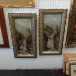 A pair of gilt framed oils on board, waterfalls.