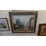 A framed oil on canvas street scene