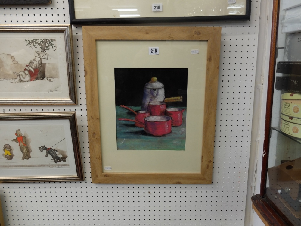 A framed pastel still life of pots and pans - Image 2 of 4