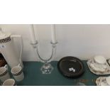 A crystal and glass candle holder and a Whitefriars ashtray