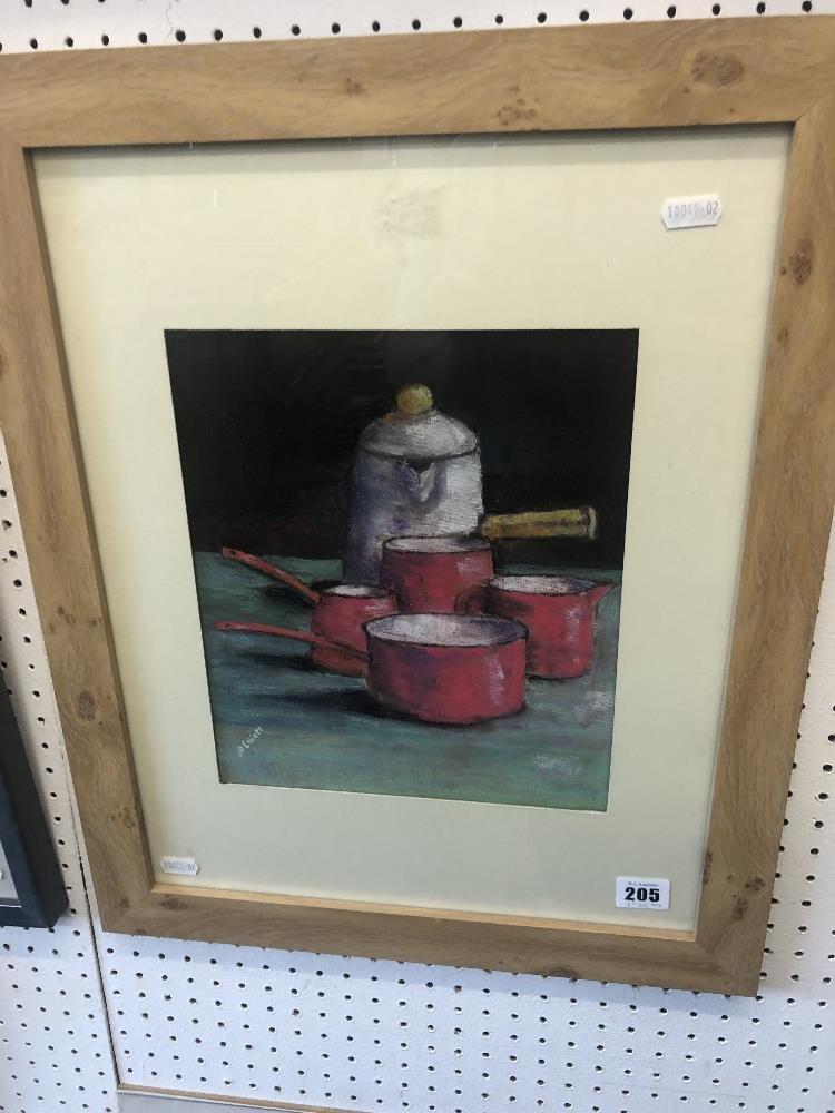 A framed pastel still life of pots and pans - Image 4 of 4