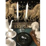 A crystal and glass candle holder and a Whitefriars ashtray