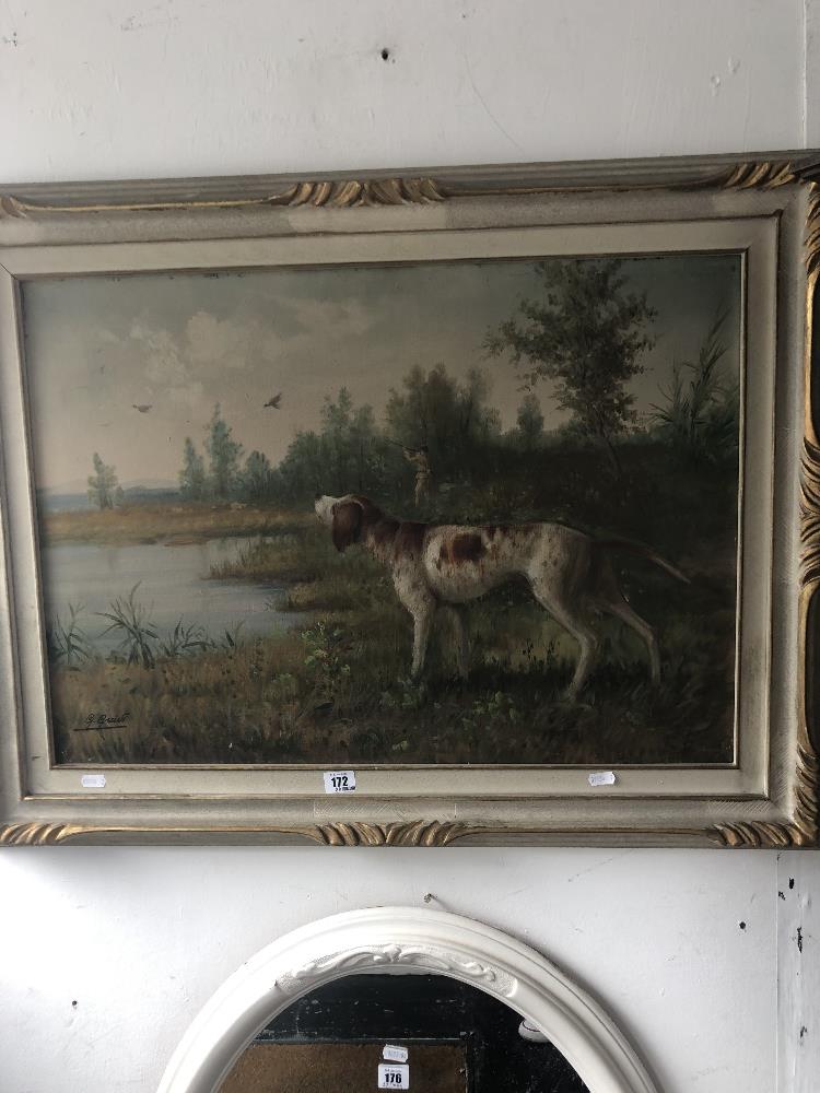 An oil on canvas, Huntsman and dog.