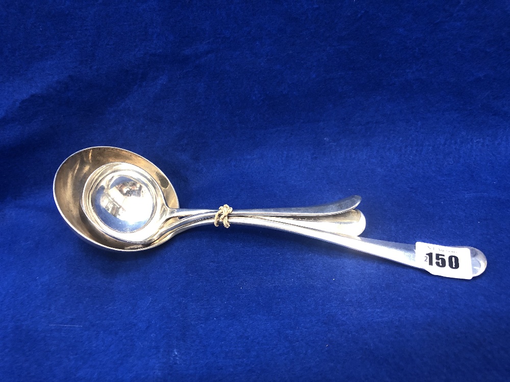 Three hallarked silver ladles, two gravy one soup, approx. 378 grams