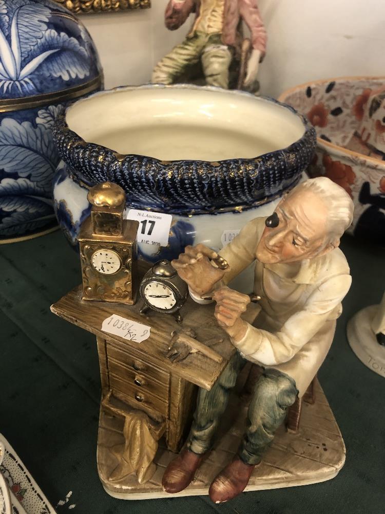 A blue and white jardiniere and a figure 'Watchmaker' - Image 3 of 3