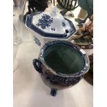 A blue and white tureen and a jardiniere