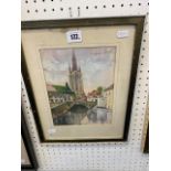 A framed and glazed watercolour of Bruges