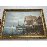 A gilt framed oil on canvas, harbour scene,