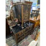 A Chinoserie decorative bedroom suite; dressing table, bedside cabinet, stool,