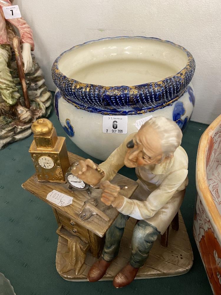 A blue and white jardiniere and a figure 'Watchmaker' - Image 3 of 3