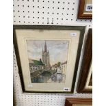 A framed and glazed watercolour of Bruges