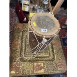 A large eastern brass copper plaque and a Indian drum