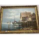 A gilt framed oil on canvas, harbour scene,