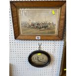 An old horse racing picture in a maple frame and a Dutch oval framed print