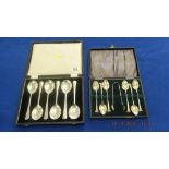 A box of six hm silver teaspoons with matching sugar tongs plus six Artdeco soup spoons,