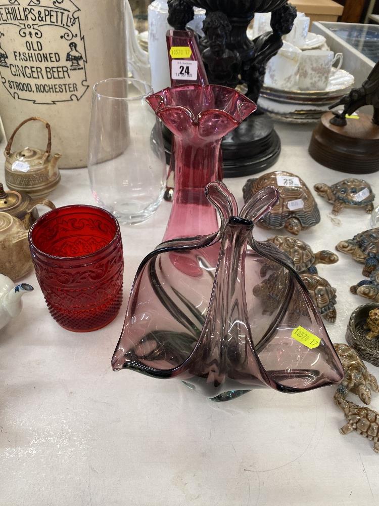 Murano vase and a cranberry vase etc.