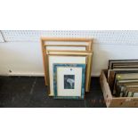 Four framed prints and a framed map