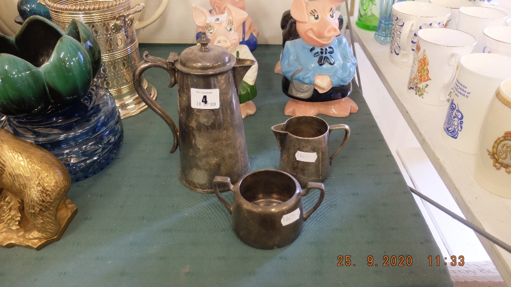 A silver plated coffee pot, milk and sugar bowl, Nicholson Hotels,