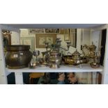 A collection of metalware; candlebra, tea set etc.