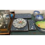 A set of six glass sewing dishes and a glass clock