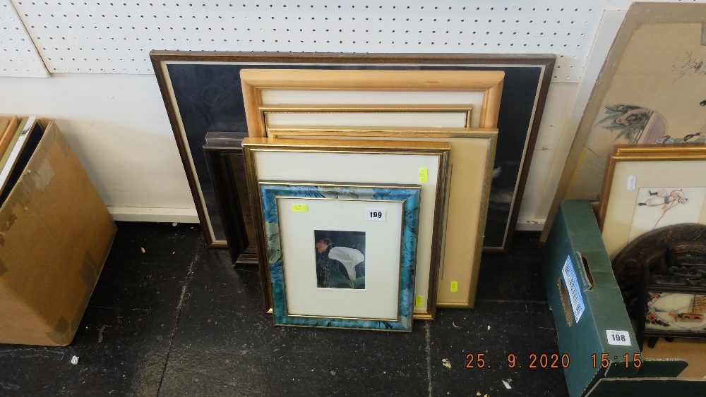 Four framed prints and a framed map
