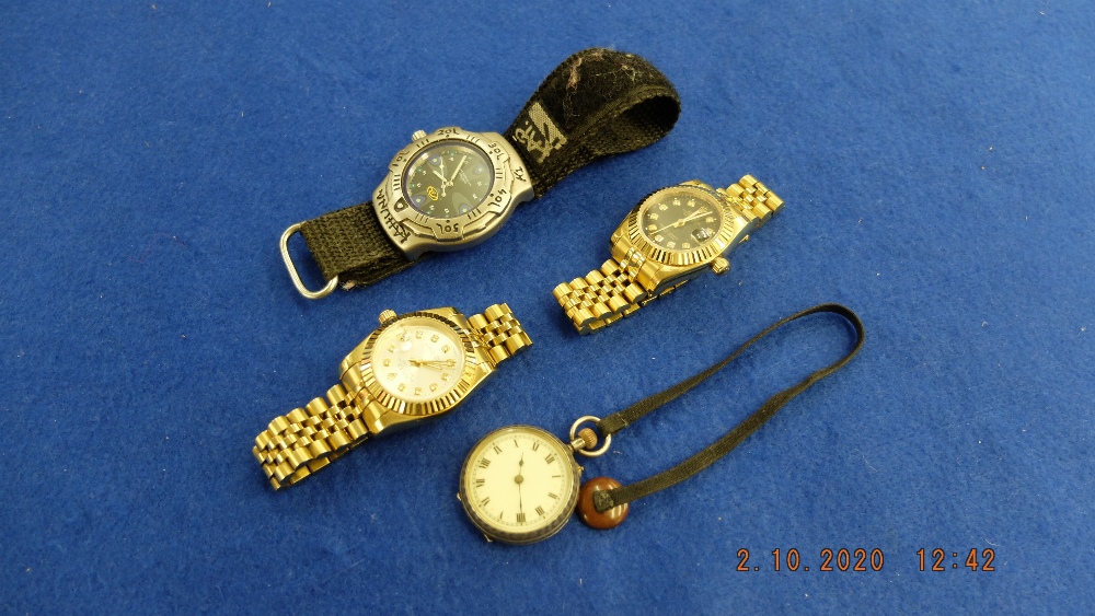 A hm silver pocket watch plus three designer watches