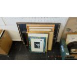 Four framed prints and a framed map