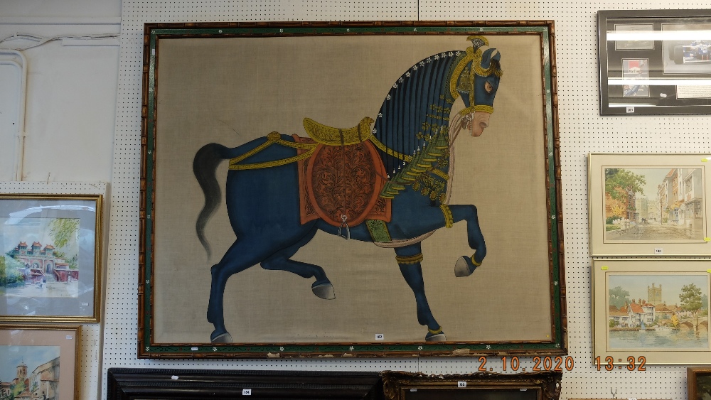 A large silver framed Persian picture, blue horse,