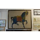 A large silver framed Persian picture, blue horse,