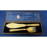 A cased antique silver fish serving set