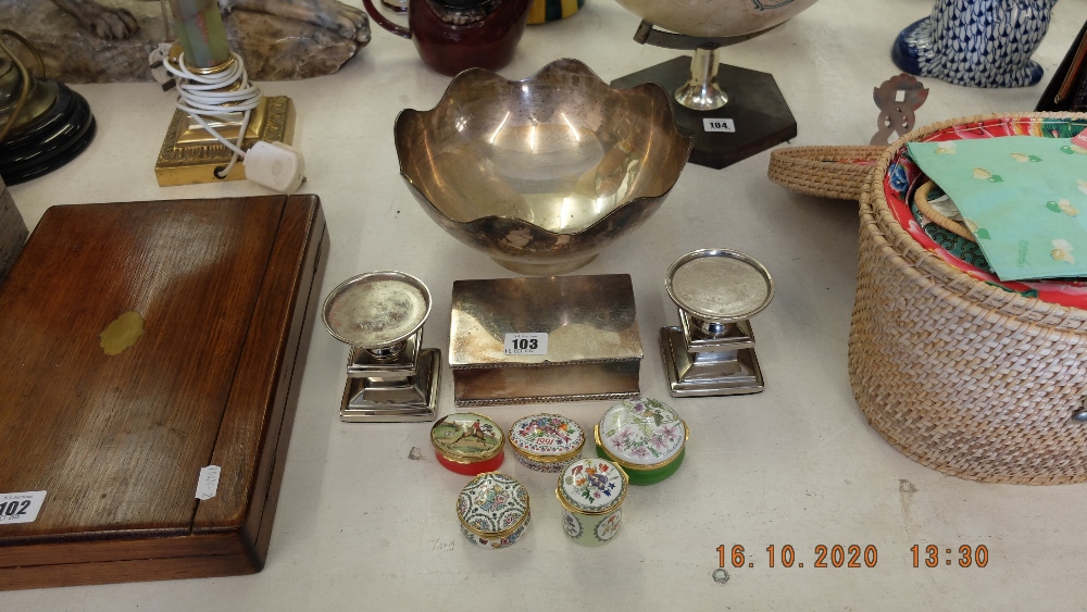 A qty of silver plate and pill boxes