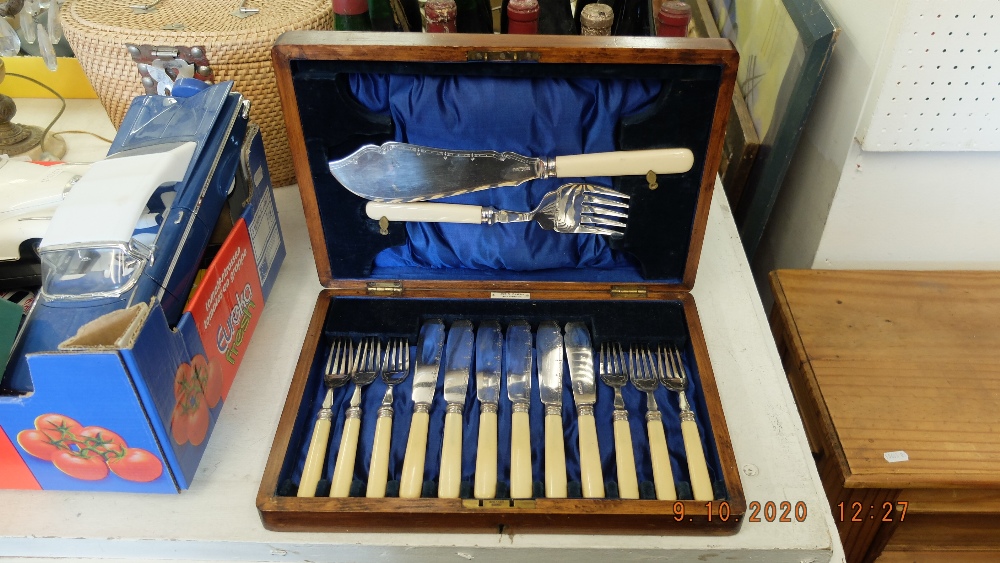 An oak cased fish set and servers