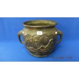 A bronze twin handled oriental jardiniere